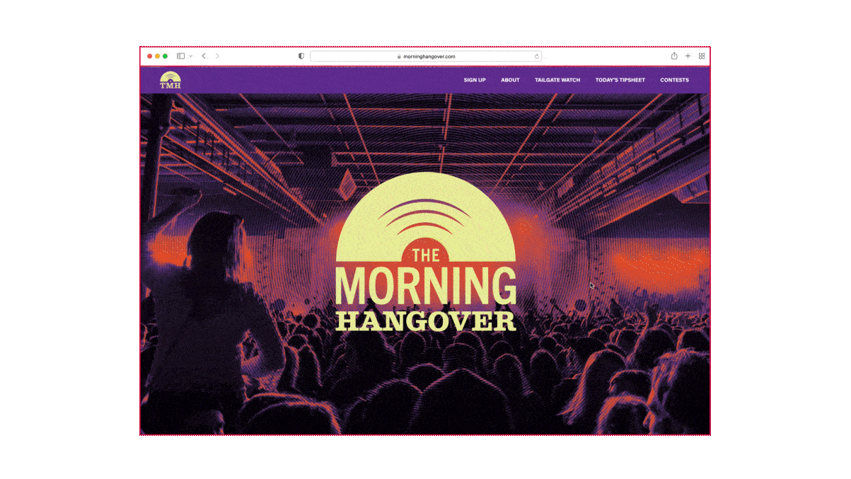 The top of the home page on The Morning Hangover's website. Includes the main TMH logo and a purple and orange duotone photo of a concert in the background.