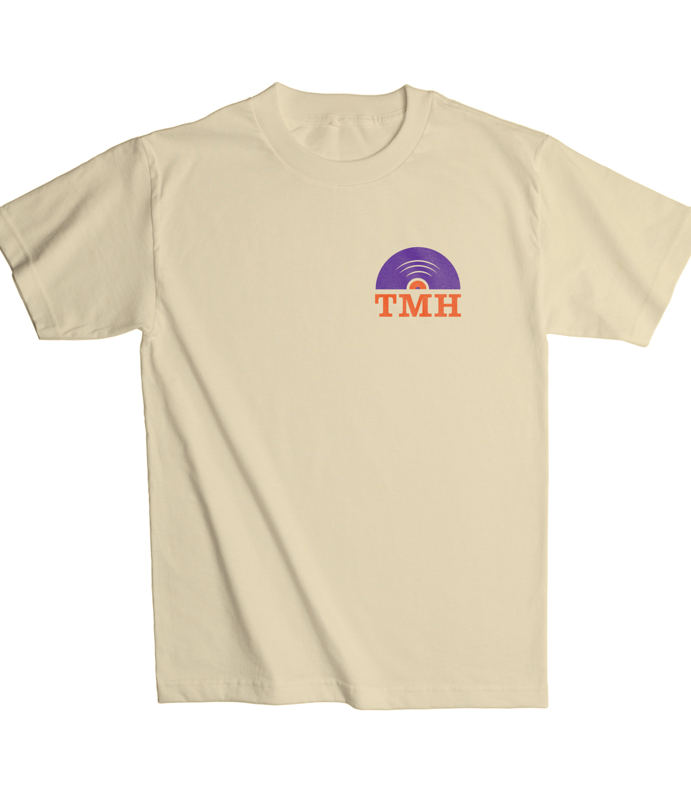 A melon colored t-shirt with a small TMH record logo