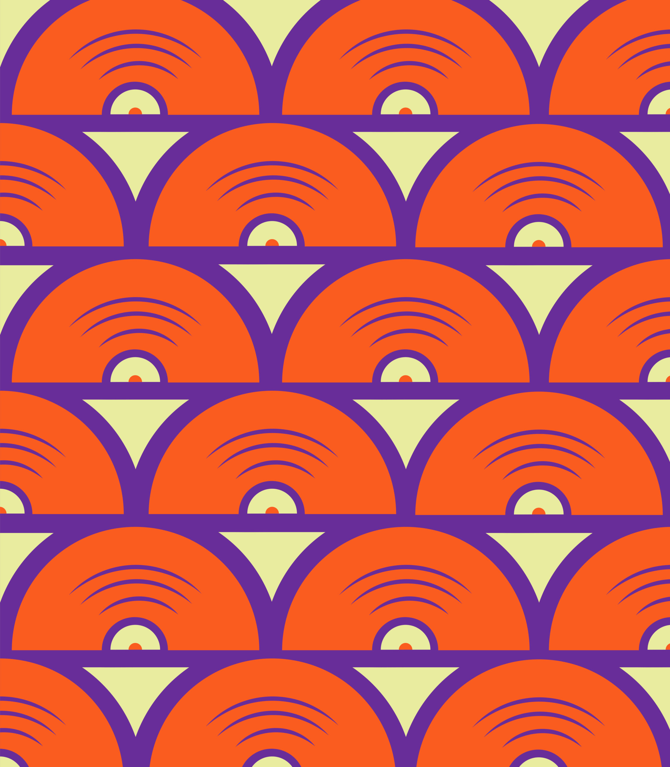 A geometric pattern created by lines of orange records with yellow triangles filling in the negative space against a purple background.