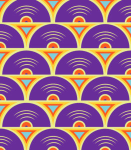 A geometric pattern created by lines of purple records and with orange and yellow triangles filling in the negative spaces.