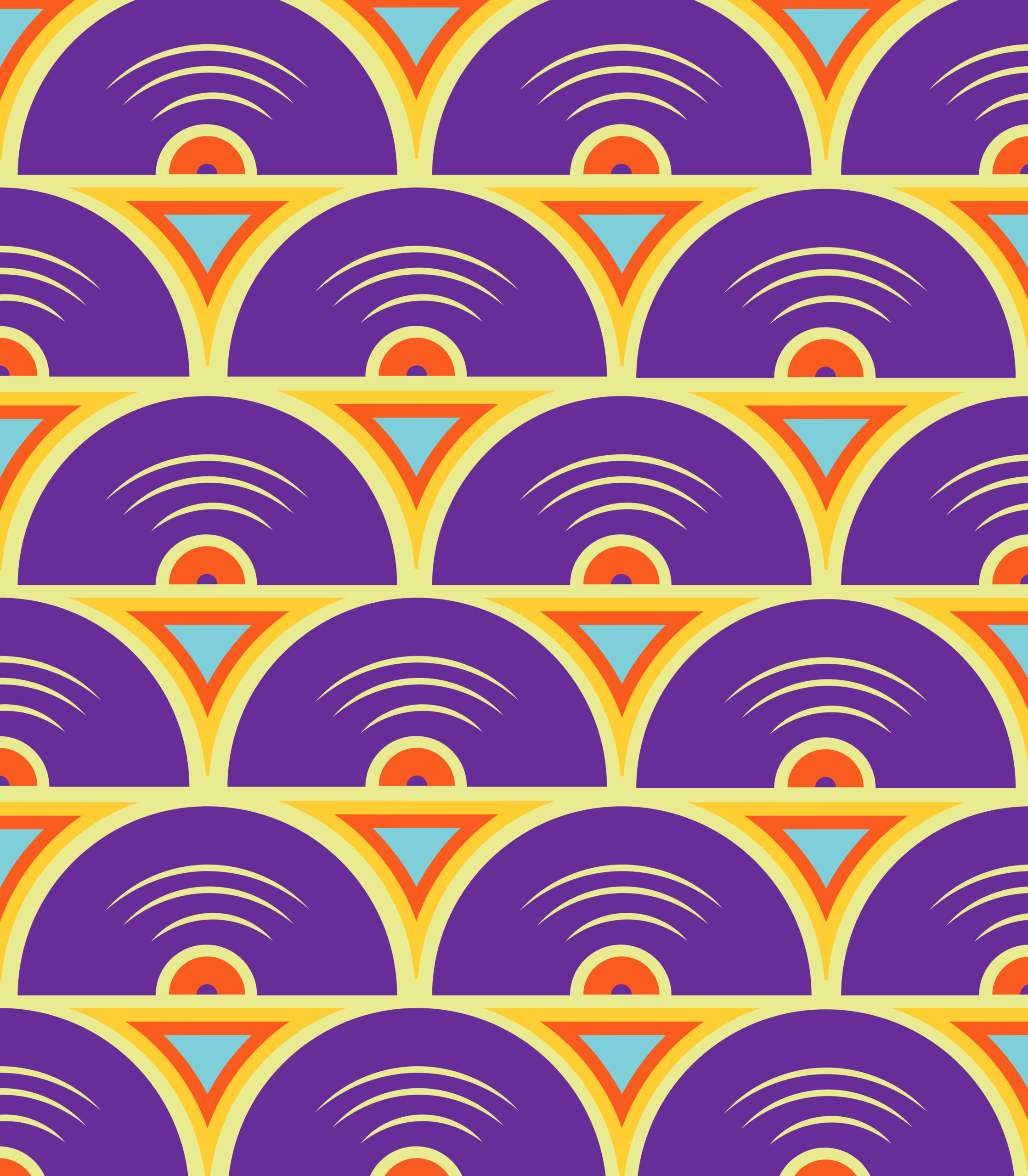 A geometric pattern created by lines of purple records and with orange and yellow triangles filling in the negative spaces.