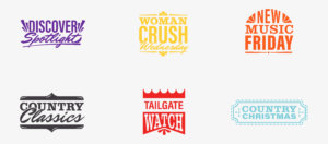 The logos of TMH sub-brands. Discover Spotlight, Woman Crush Wednesday, New Music Friday, Country Classics, Tailgate Watch, and Country Christmas.