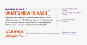 Explanation of the typography used by The Morning Hangover. The subhead reads, "January 3, 2022" and uses the font Acumin Pro UltraBlack. The headline reads "What's New in Nash" and uses the font Acumin Pro Condensed Bold. The Paragraph reads, "Experience the country music scene through the electric buzz of unbiased, relevant news. The Morning Hangover is the go to source for all things country music-whether you are an artist, producer, publicist or just a fan, you'll always discover something new" and uses the font Acumin Pro Regular. The Alternative Headline fonts are Albiona and MrDafoe Pro.