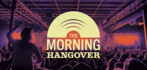 The Morning Hangover vertical logo in the color melon with a purple and orange duo tone photo of a concert in the background