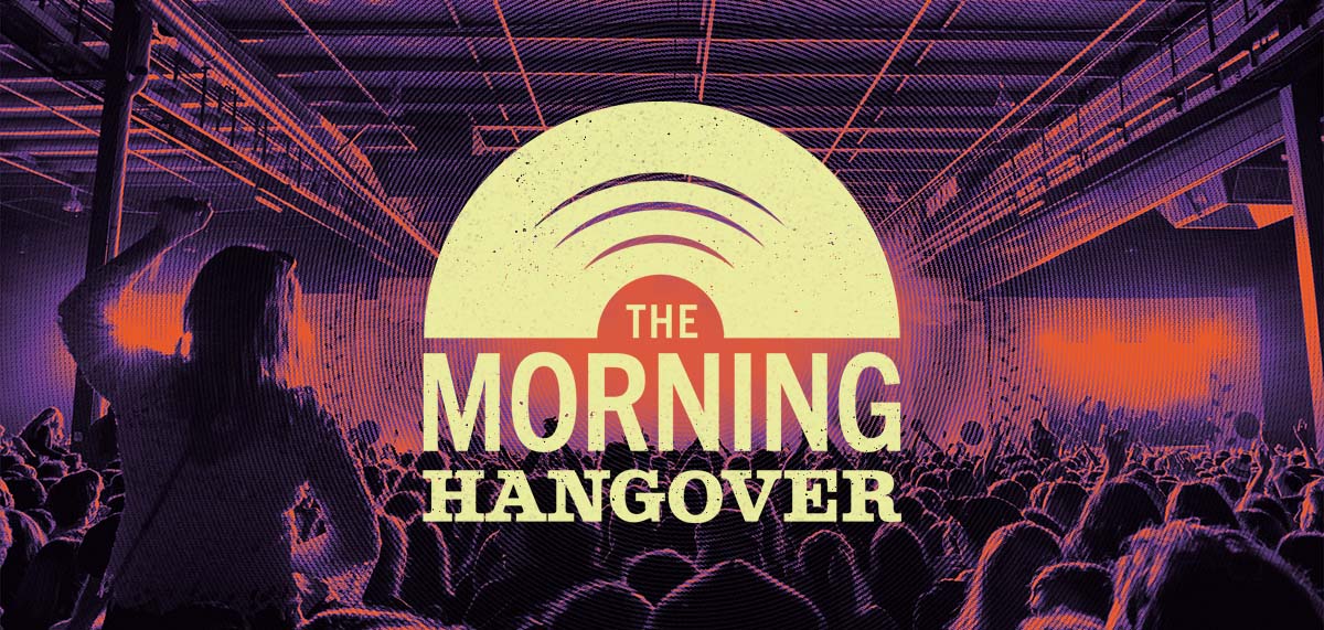The Morning Hangover vertical logo in the color melon with a purple and orange duo tone photo of a concert in the background