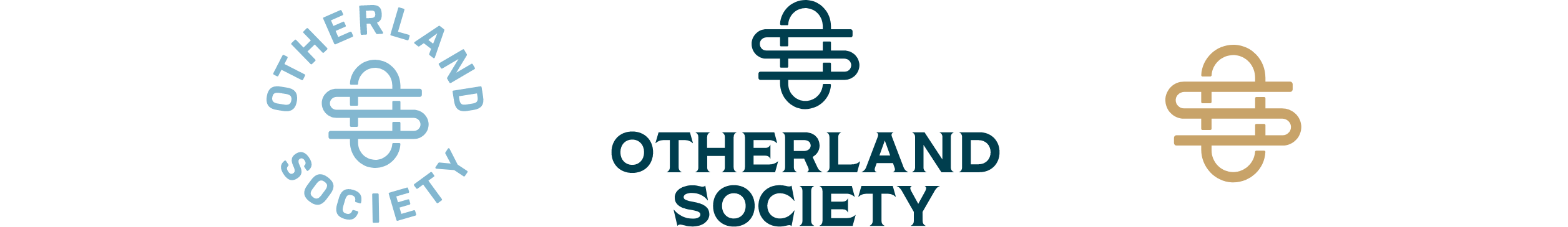 Otherland Society logos featuring circular logo crest in blue, full logo lockup with monogram and logotype in dark blue, monogram in gold