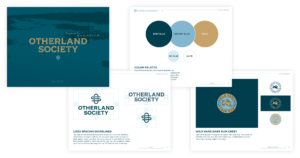 Otherland Society brand handbook pages featuring brand system guidelines including cover, logo spacing guidelines, color palette and Wild Hare Dark Rum crest