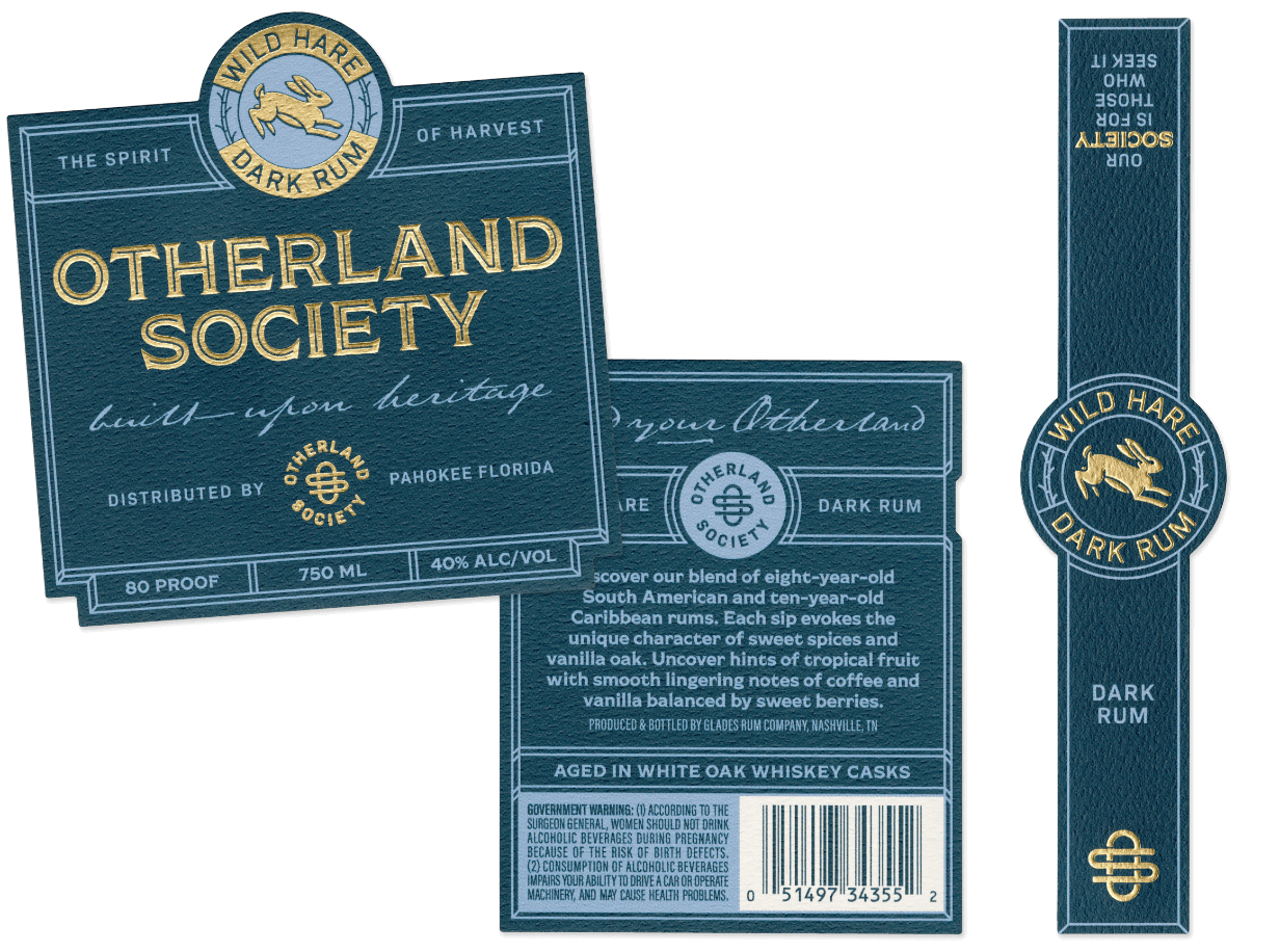 Dark blue front, back and cap strip labels featuring gold foil stamping for Otherland Society's Wild Hare Dark Rum