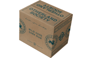 Cardboard box carton with Otherland Society Wild Hare Dark Rum branding graphics printed in dark blue