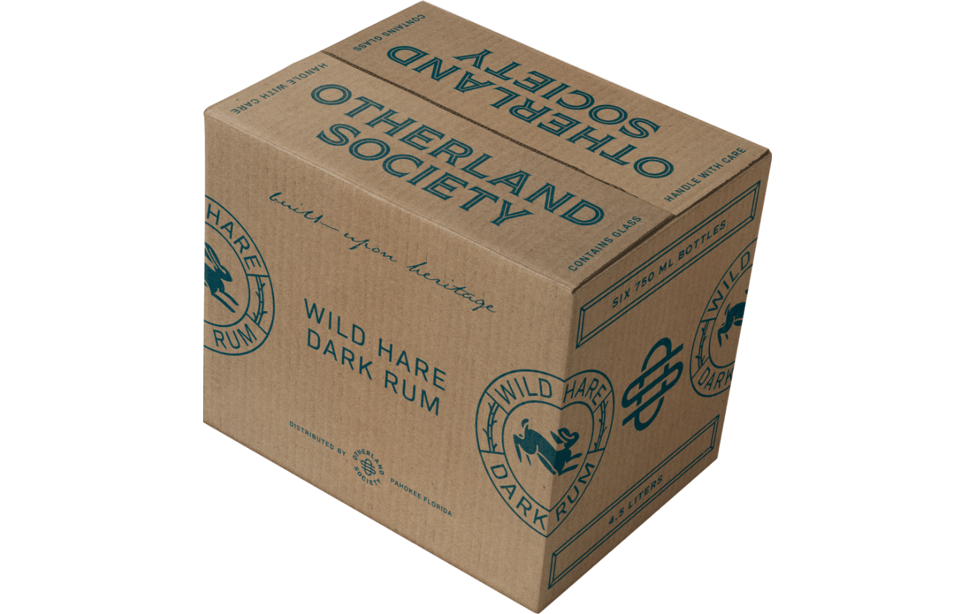 Cardboard box carton with Otherland Society Wild Hare Dark Rum branding graphics printed in dark blue
