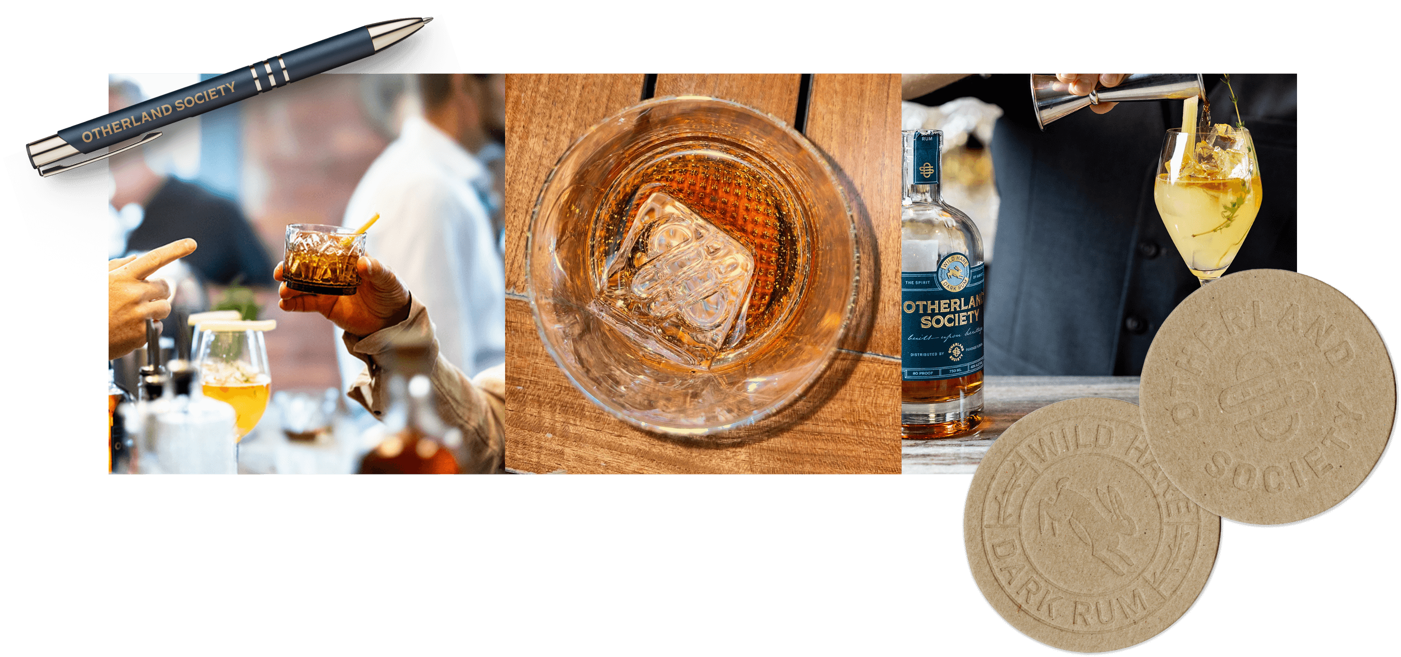A Otherland Society pen and coasters sit atop a grid of 3 photos featuring someone holding a cocktail in a glass, a branded ice cube in a glass of rum, and a bartender pouring a cocktail with the Wild Hare Dark Rum bottle beside it