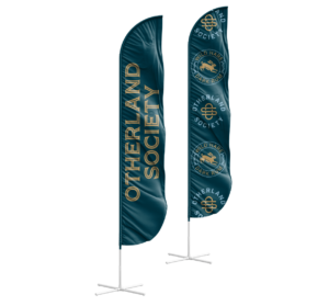 Otherland Society feather flags. One has the Otherland Society wordmark logo in gold, the other alternates the circular logo crest and the Wild Hare Dark rum crest