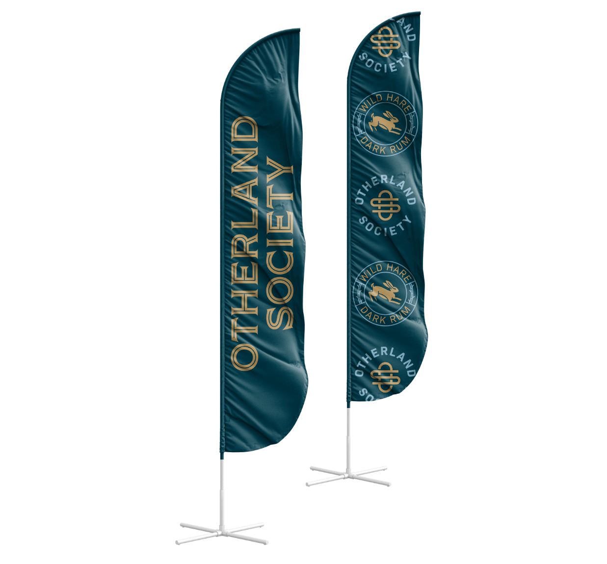 Otherland Society feather flags. One has the Otherland Society wordmark logo in gold, the other alternates the circular logo crest and the Wild Hare Dark rum crest