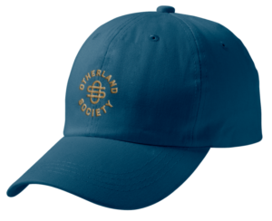 Blue Otherland Society hat with circular logo crest in gold thread