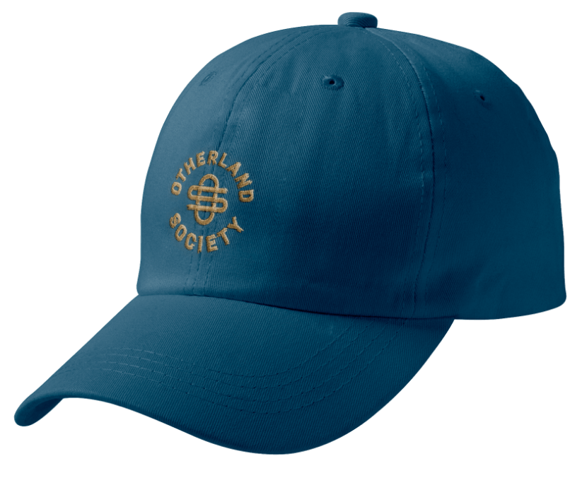 Blue Otherland Society hat with circular logo crest in gold thread