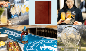 Grid of photos taken at Otherland Society events showcasing cocktails, the bottle, merchandise, and an ice sculpture