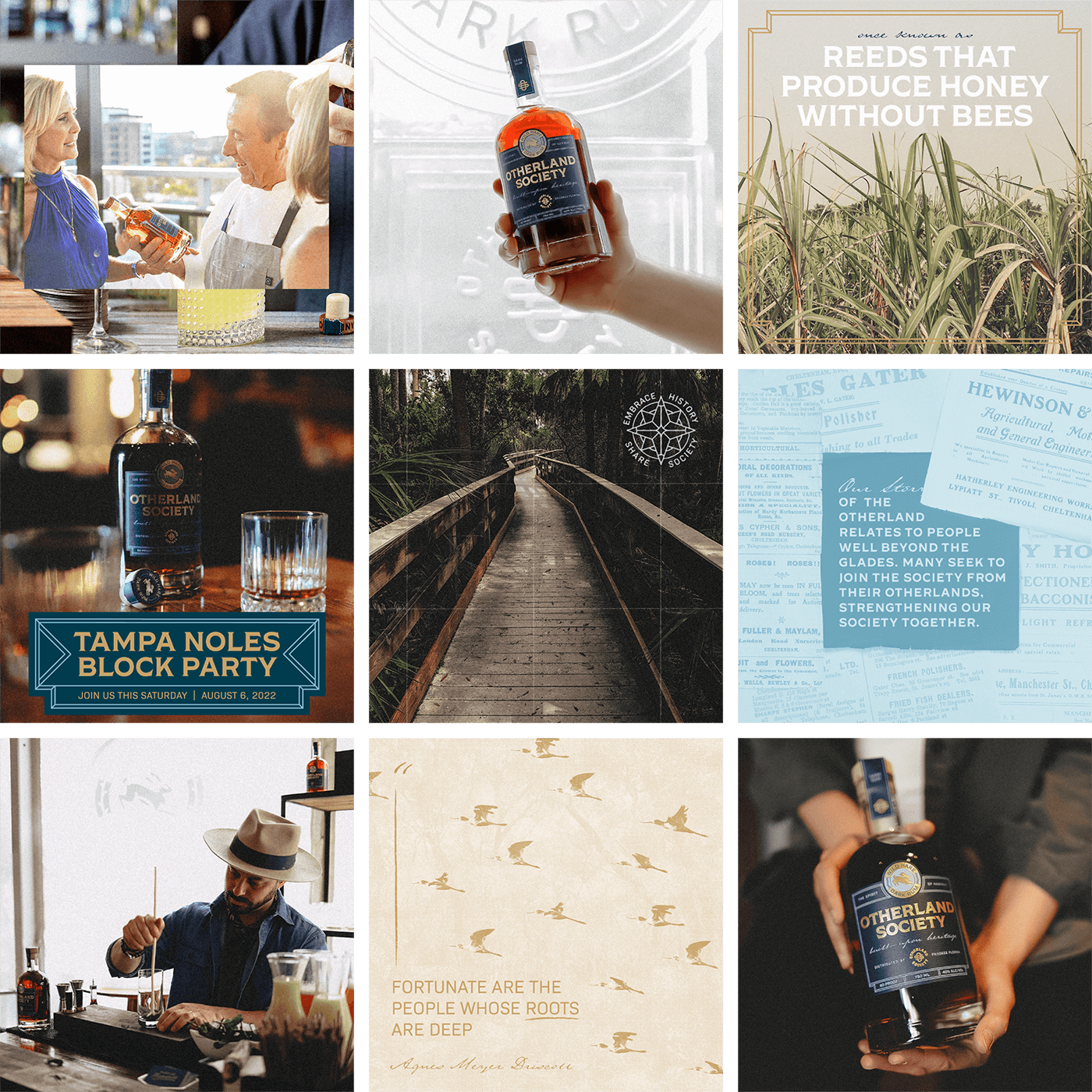 9 image grid showing a variety of social media graphics varying with product shots, branded graphics, and lifestyle images