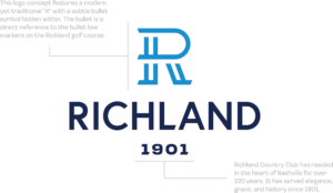 Richland Country Club main logo, two descriptor paragraphs are called to attention. They read: "This logo concept features a modern yet traditional "R" with a subtle bullet symbol hidden within. The bullet is a direct reference to the bullet tee markers on the Richland golf course." "Richland Country Club has resided in the heart of Nashville for over 120 years. It has served elegance, grace, and history since 1901. "