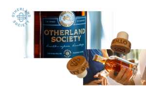 Otherland Society rum bottle packaging detail shot with engraved bottle caps and monogram logo