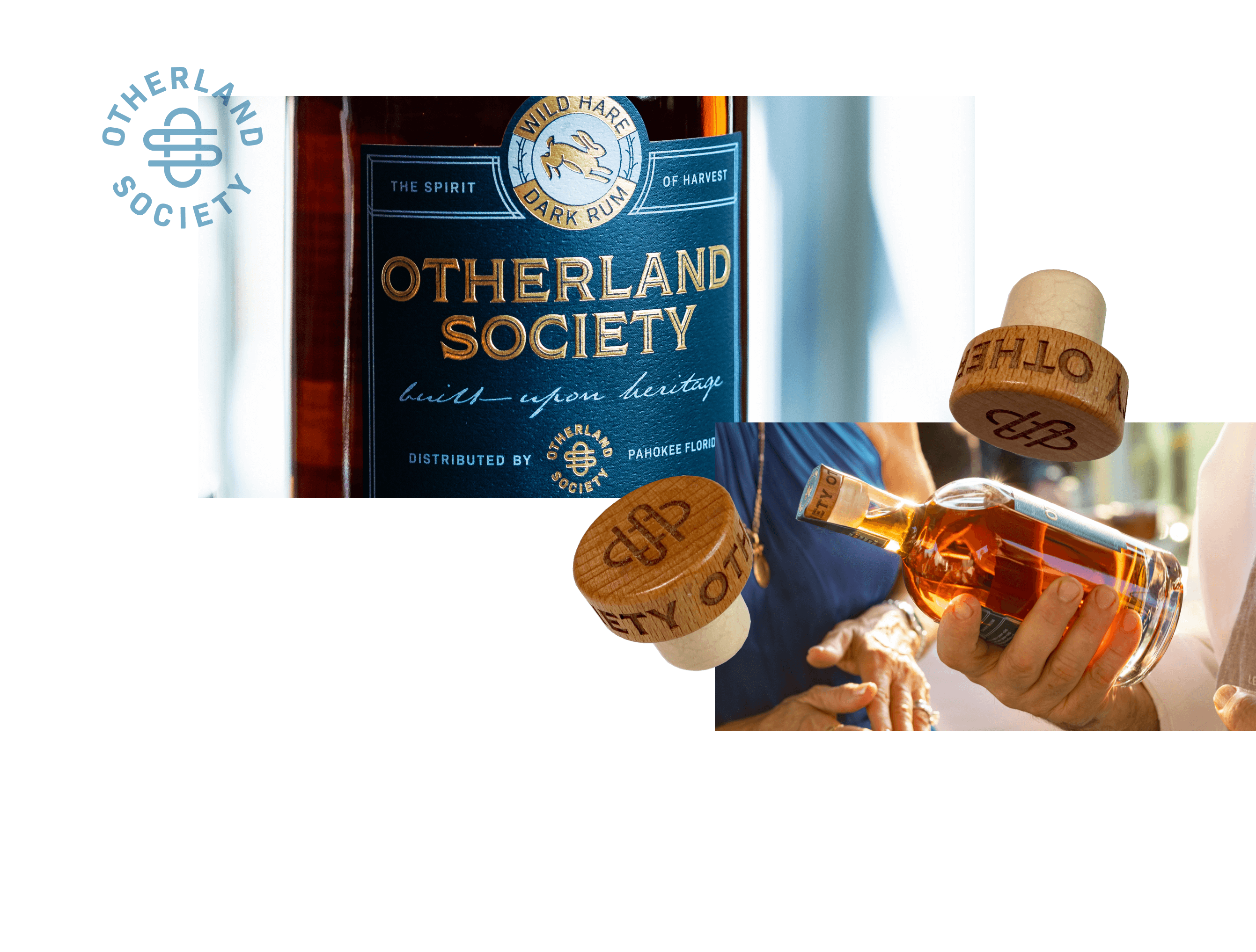 Otherland Society rum bottle packaging detail shot with engraved bottle caps and monogram logo