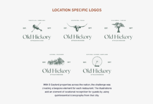Old Hickory location specific logos for Nashville, Grapevine, Kissimmee, Aurora, and National Harbor. The text below reads: With 5 Gaylord properties across the nation, the challenge was creating a bespoke element for each restaurant. The illustrations add an element of locational recognition for guests by using quintessential iconography from that city.