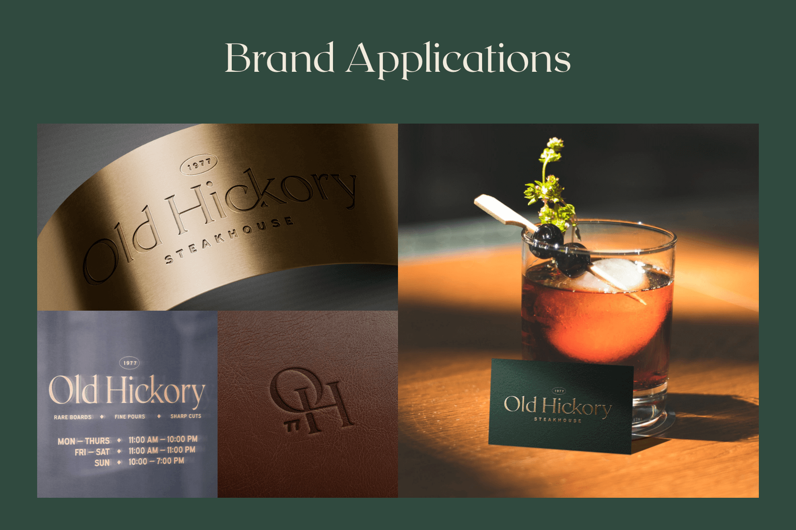 Brand applications showing a gold sign, a vinyl sticker on a window, a leather stamped menu cover, and a business card leaning against an upscale cocktail.