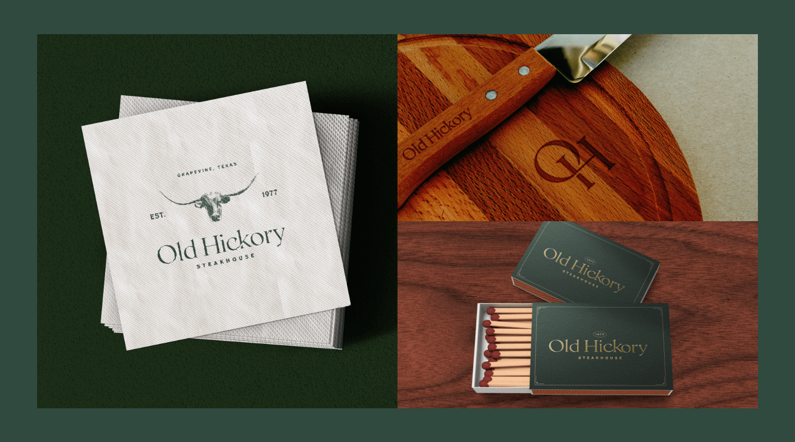 Brand applications showing a cocktail napkin, a charcuterie board and knife, and a match box.