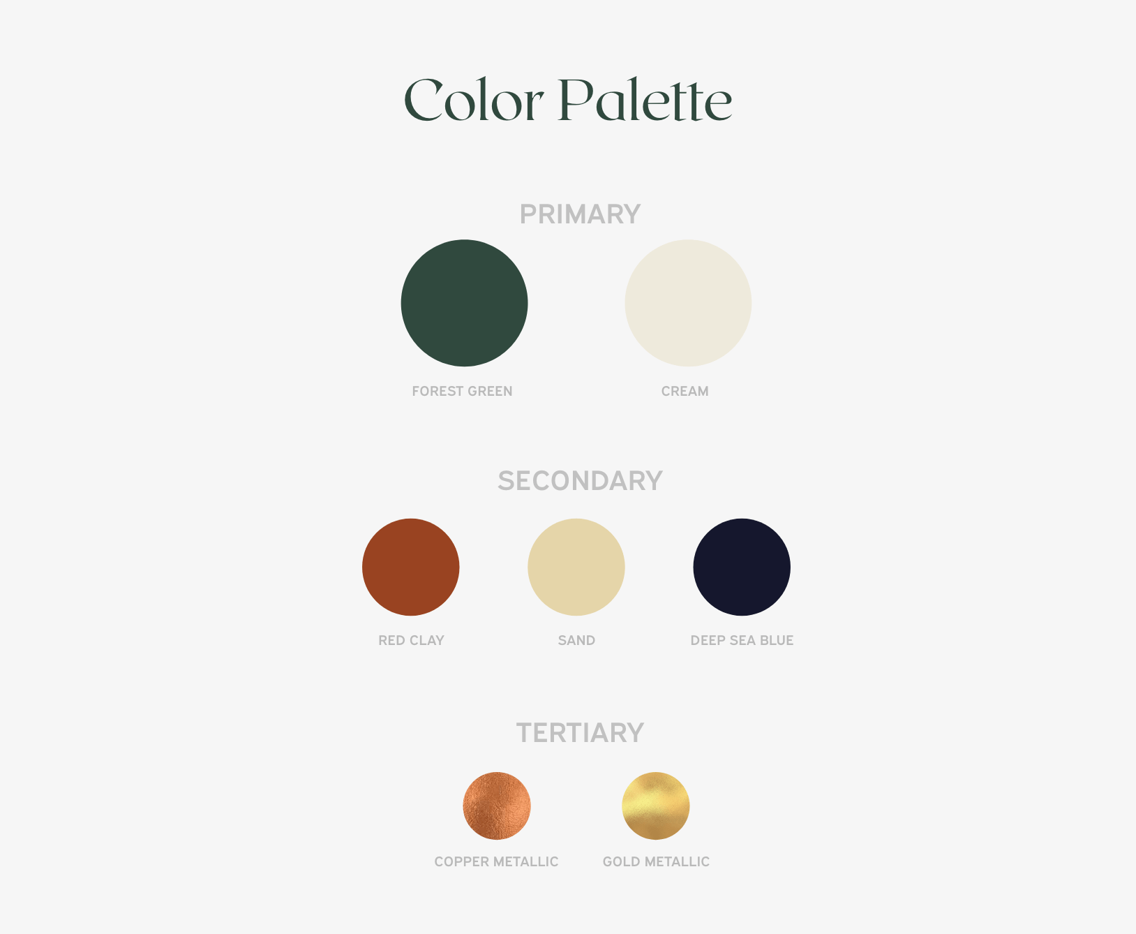 color palette showing primary colors: forest green and cream; secondary colors: red clay, sand, and deep sea blue; and tertiary colors: metallic copper and metallic gold