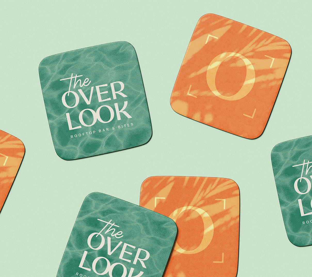 Mockup of coasters with halftone image backgrounds and brand marks