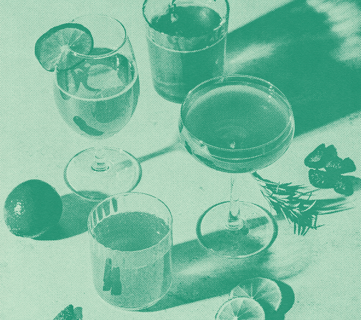 Halftone image of cocktails in mint and teal