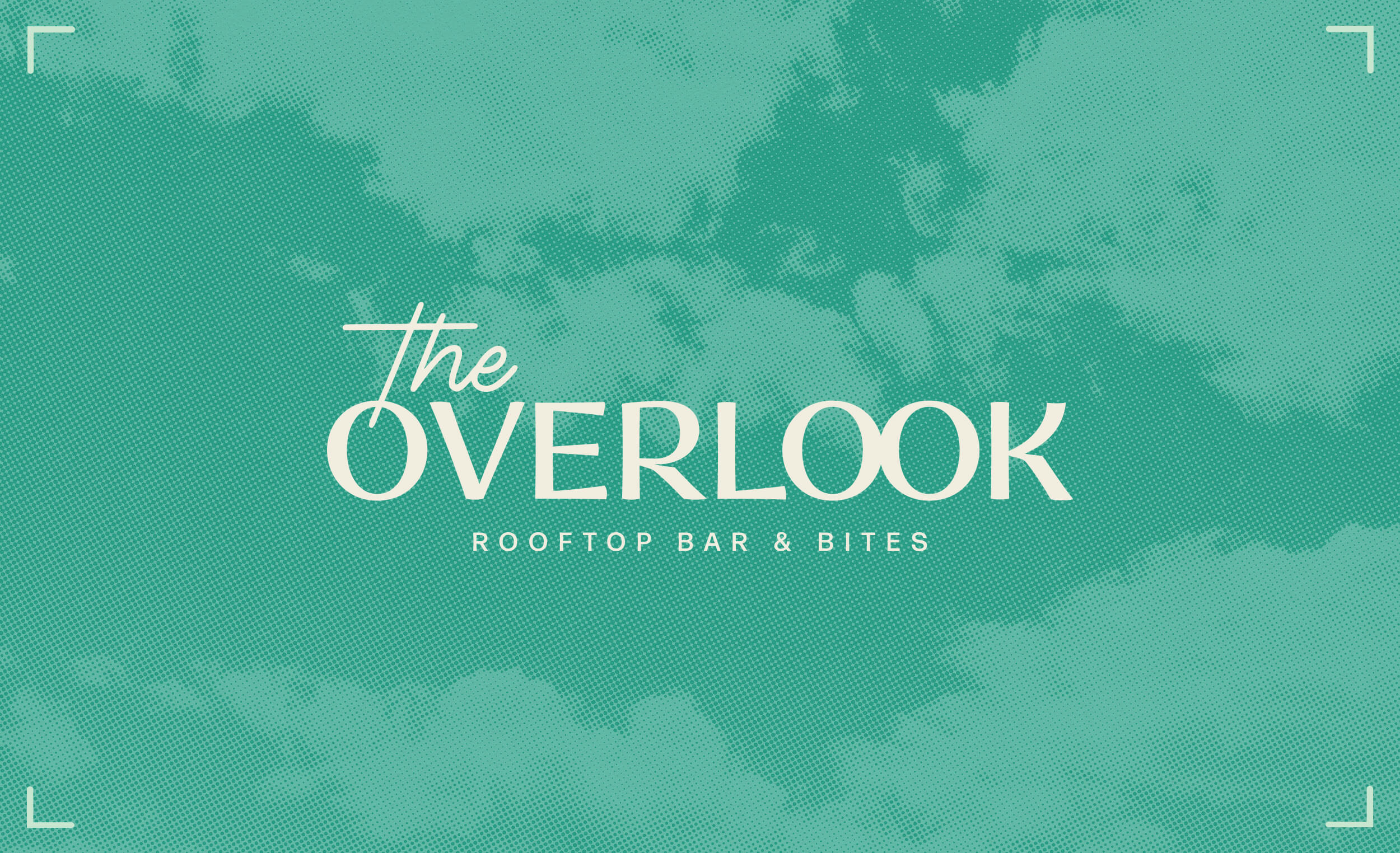 Halftone imagery of clouds with The Overlook logo in cream, with corner details
