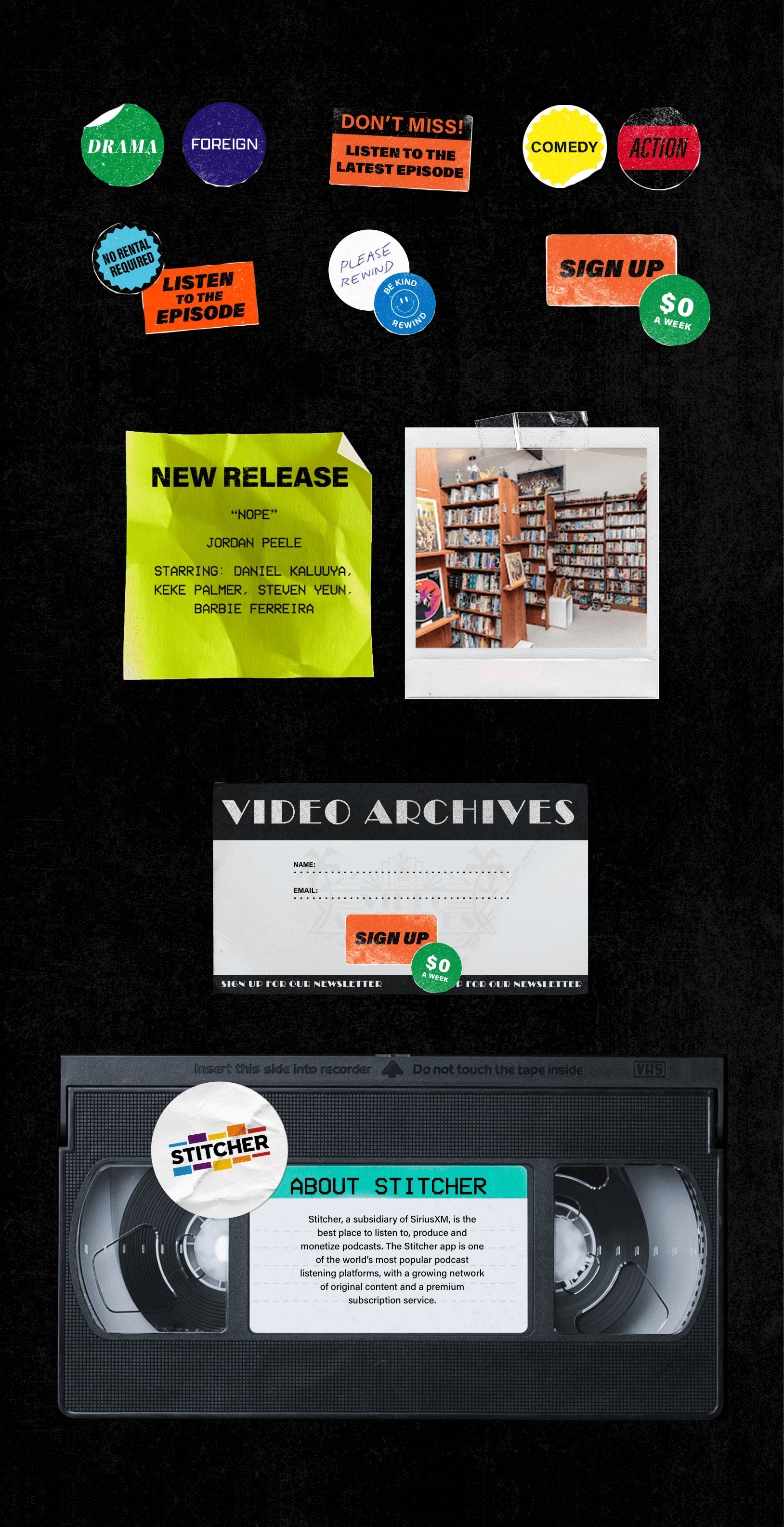 elements of the Video archives site, including stickers, post its, polaroids, membership card, and VHS tape