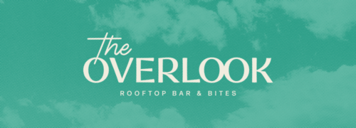 Halftone imagery of clouds with The Overlook logo in cream, with corner details