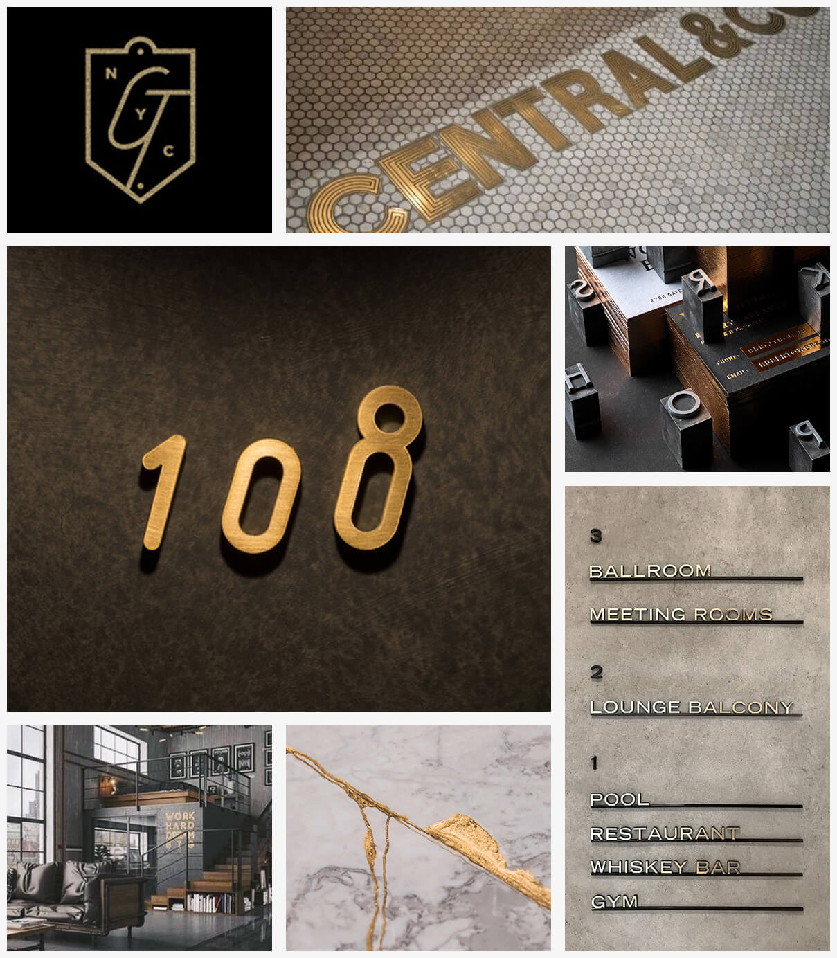 Oxbow moodboard featuring images of gold signage, concrete walls and industrial typography