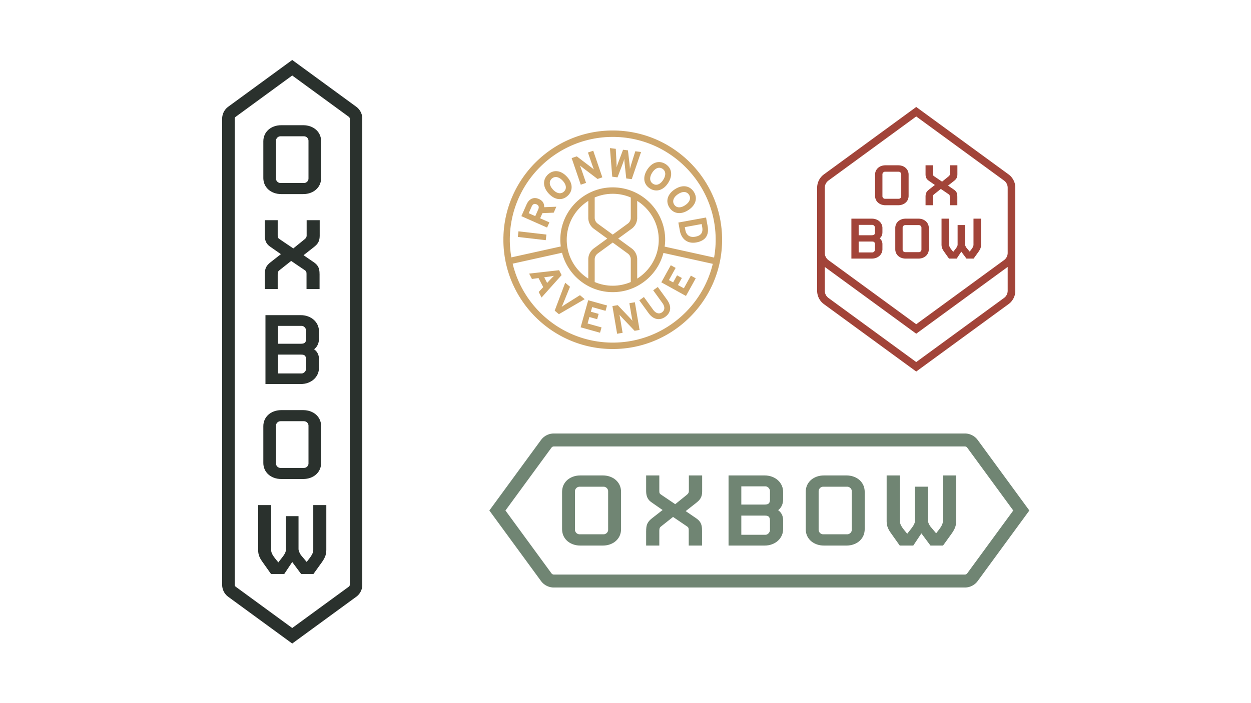 Oxbow logos featuring a vertical, horizontal, hexagon shape and Ironwood Avenue crest