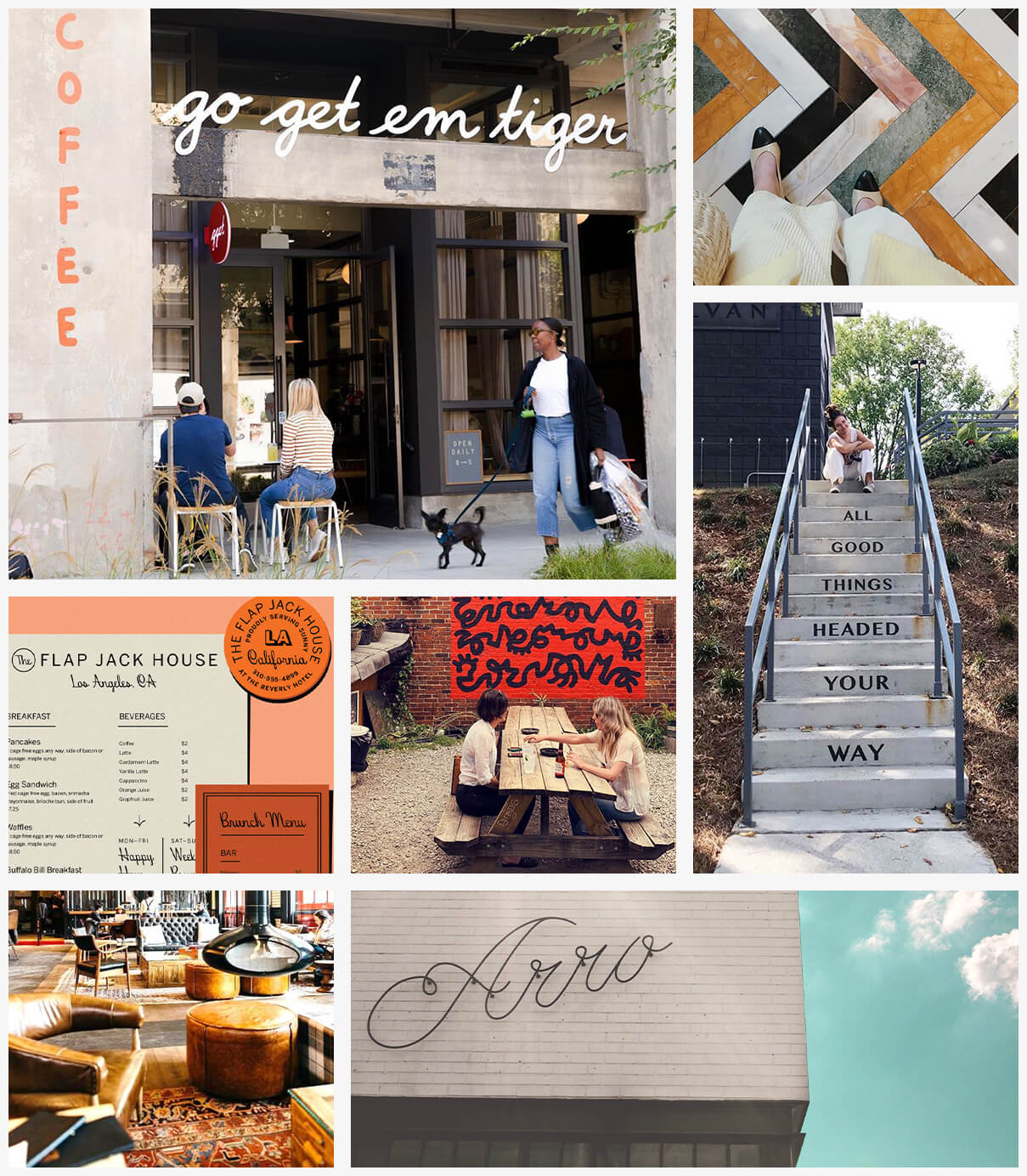 The Wayward moodboard featuring a colorful tile pattern, painted exterior mural art and signage