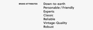 Brand Attributes Down-to-earth Personable Friendly Experts Classic Reliable Vintage Quality Robust