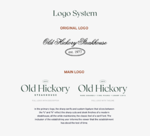 Logo system showing original logos and main logos with two versions, one with descriptor and one with tagline. The text below reads: In the primary logo, the sharp serifs and custom ligature that slices between the "c" and "k" reflect the sharp cuts and sleek finishes of a modern steakhouse, all the while maintaining the classic feel of a serif font. The inclusion of the establishing year informs the viewer that the establishment has stood the test of time.