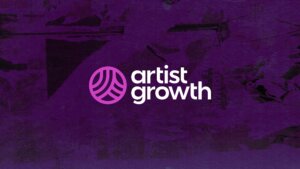 Artist Growth logo on ripped paper texture background with purple overlay