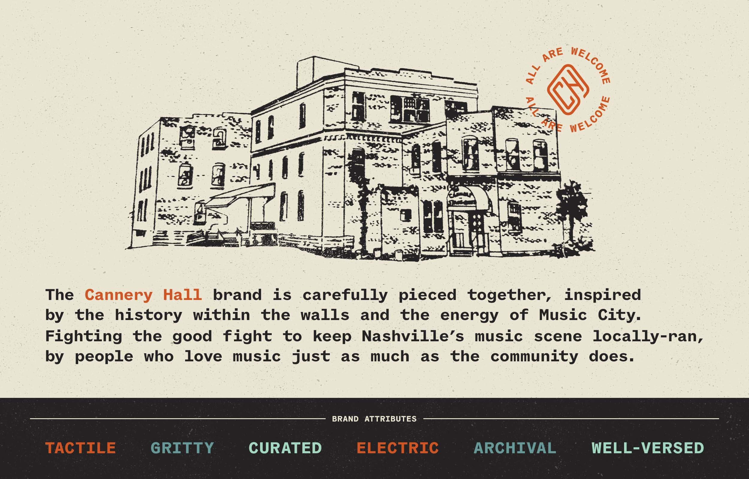Overview of Cannery Hall brand and brand attributes: Tactile, Gritty, Curated, Electric, Archival, Well-versed.