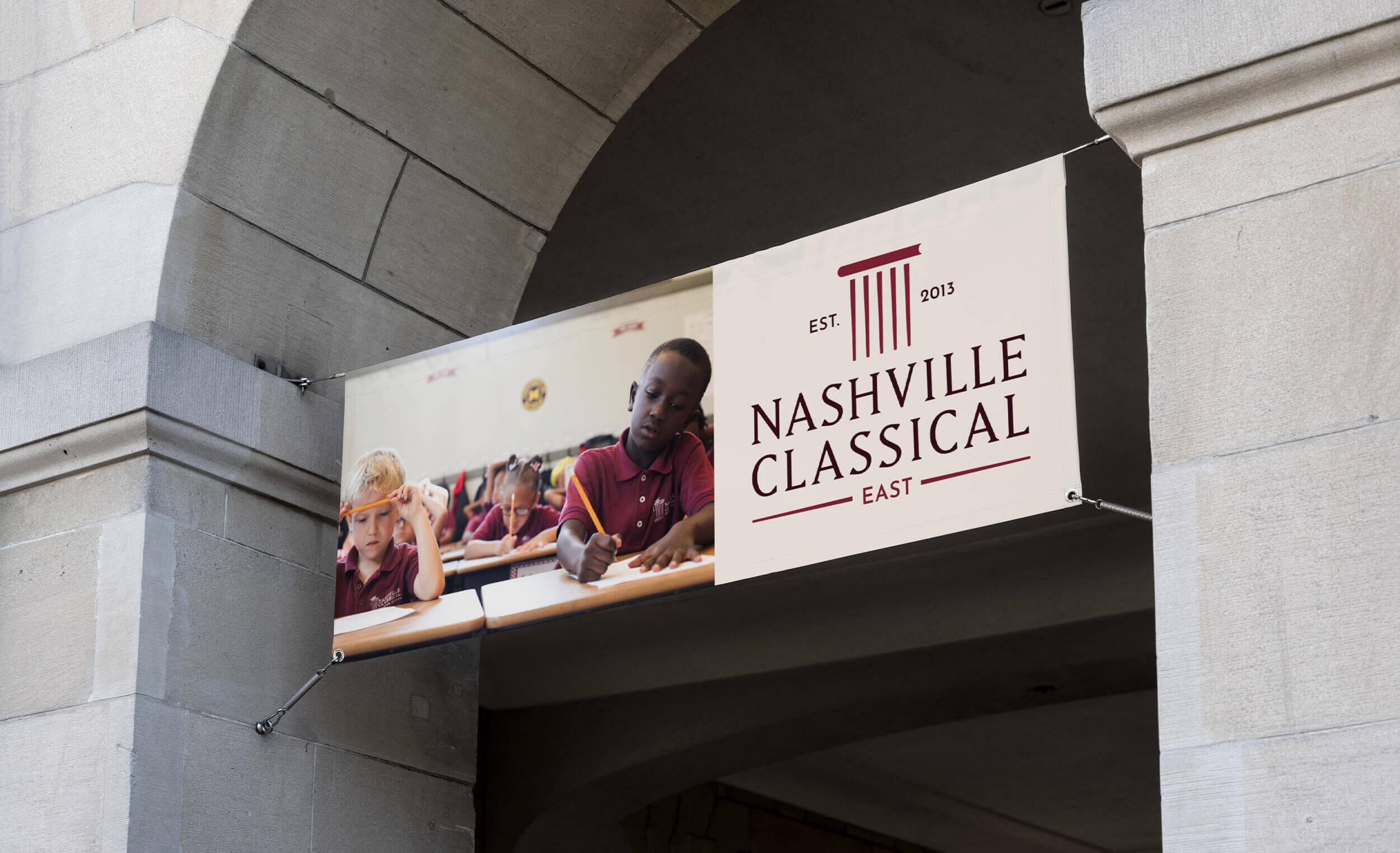 Nashville Classical Charter School rebrand application on banner designed by ST8MNT