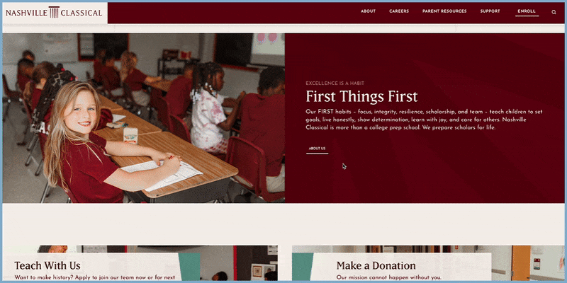 Button hover interaction for Nashville Classical Charter School website refresh designed by ST8MNT
