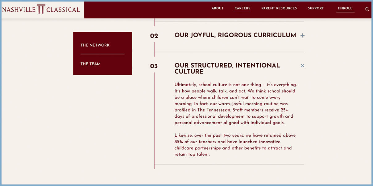 Section of Nashville Classical Charter School website refresh designed by ST8MNT