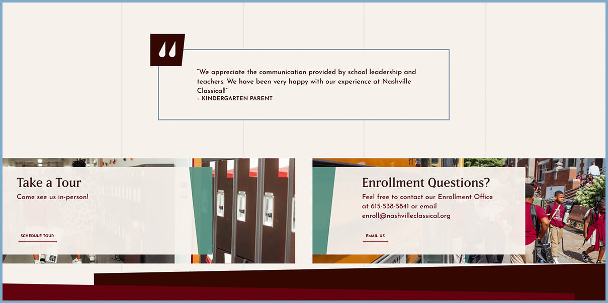 Testimonial and CTA design for Nashville Classical Charter School website refresh designed by ST8MNT
