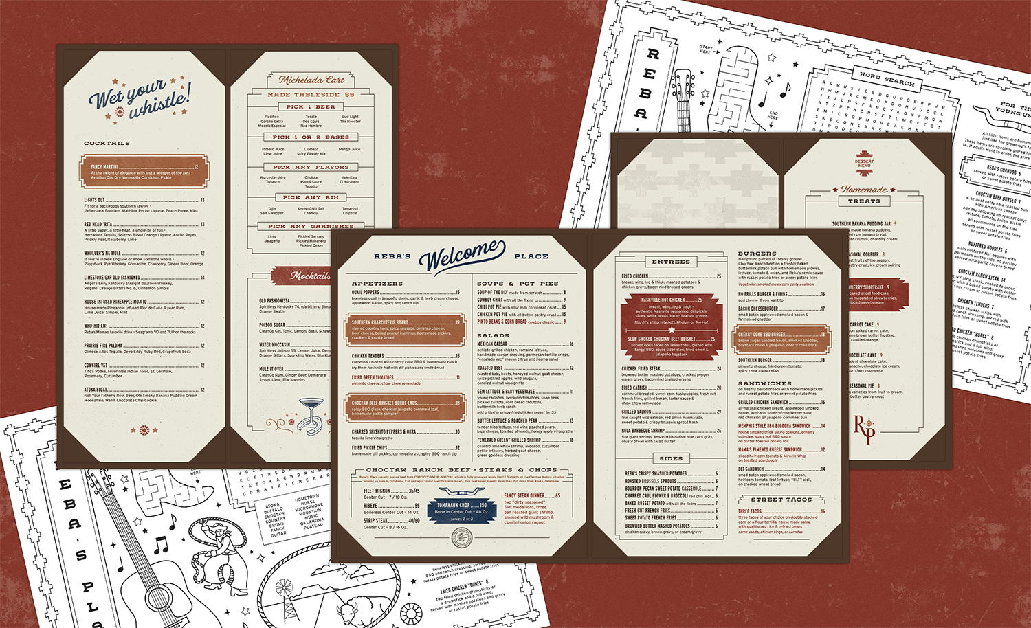 Reba's Place Menu Design shown in a flat lay with kids, drink, main, and dessert menus on textured red background