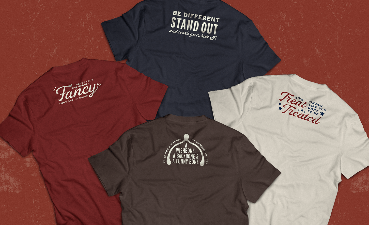 Reba's Place T-Shirt designs laid in flat lay. From left to right: Red shirt with 