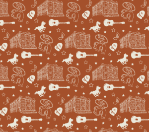 A pattern is created using the brand illustrations of the cowboy and building, along with guitars, guitar picks, horses, and stars