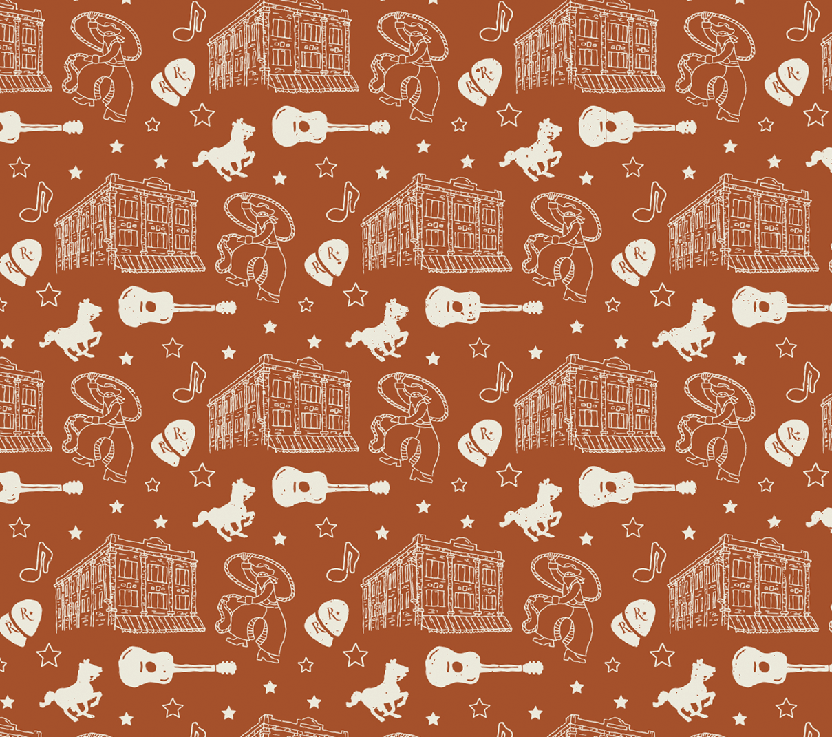 A pattern is created using the brand illustrations of the cowboy and building, along with guitars, guitar picks, horses, and stars