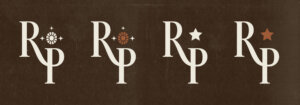 RP monogram marks are in a line showing different color variations of 2 versions that include a gem and star on brown textured background