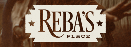A moody image of a cowgirl with her horse is textured with a leather overlay, on top sits "Kick your boots off" and the alternate Reba's Place Logo